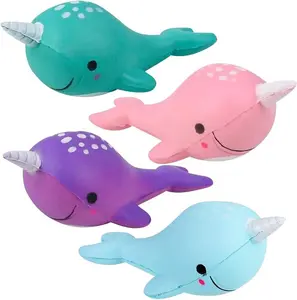 Squeezy Narwhals, Set of 4, Scented Slow Rising Stress Relief Toys for Kids, Squeezable Narwhale Birthday Party Favors and Goodie Bag Fillers, 4 Cute Colors