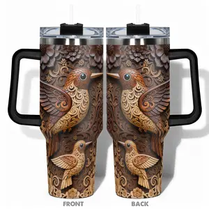 1pc Stainless Steel Cup 40oz/30oz/22oz/20oz/14oz Water Bottle, Insulated Mug, Leakproof Tumbler, Funny Design With Carved Hummingbird and Floral Pattern Double-layer insulation Leakproof Large Capacity, Needed for Gym, Hiking, Travel Ideal Birthd