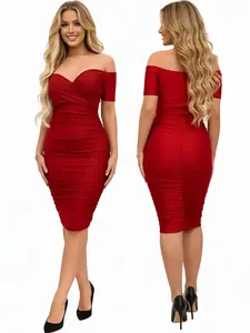 Popomelo Off Shoulder V-Neck Ruched Mini Bodycon Dress for Formal or Party