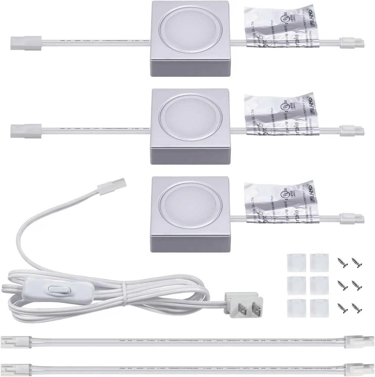 Wired LED Puck Lights Square 2.68" Wide 3000K, 120V Plug-in or Hardwired Installation with Recesd or Surface Mounted, Silver Grey, 3 Pack, 2.68 Inches