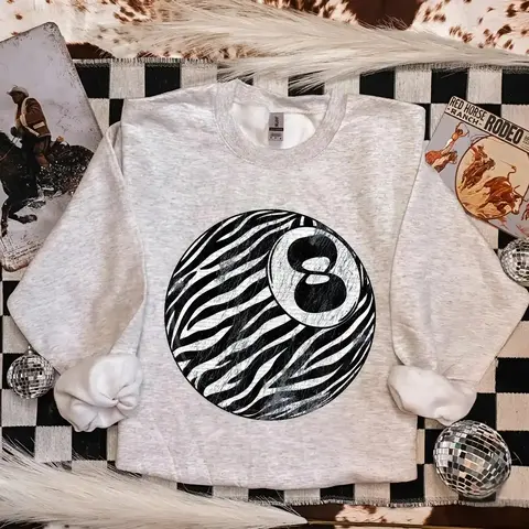 Distressed Zebra 8 Ball Crewneck & T-shirt Cowgirl outfit, Western Clothing, country girl stuff, punchy western wear, country shirts women, summer outfit, rodeo outfits, cowboy stuff