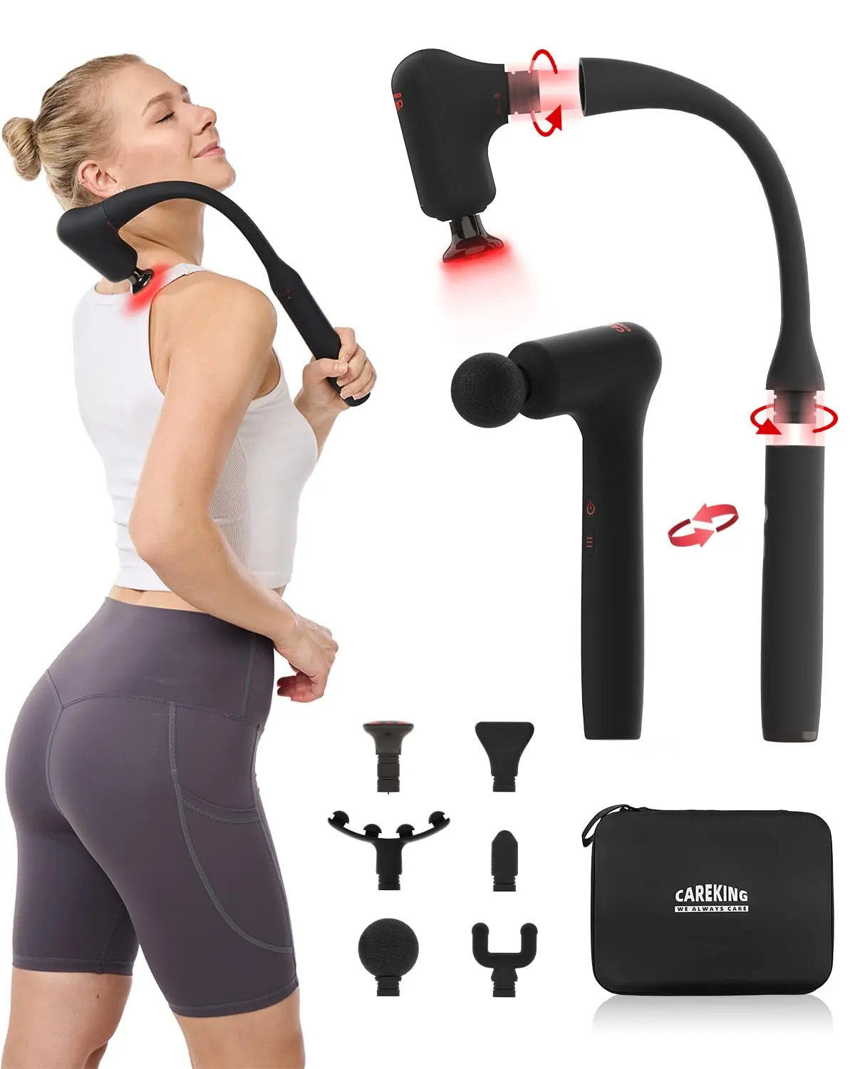 CAREKING Upgraded 2-in-1 Massage Gun with Heat, Pain Relief Deep Tissue Back and Neck Massager with Extension Handle, Handheld Muscle Massage Gun for Back, Shoulder, Arm, Thigh