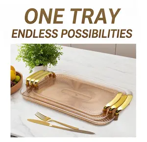 Large White Serving Trays Set of 3 Durable Shatter-Proof Trays with Gold Dual Handles for Parties Dining & Storage Space-Saving Design
