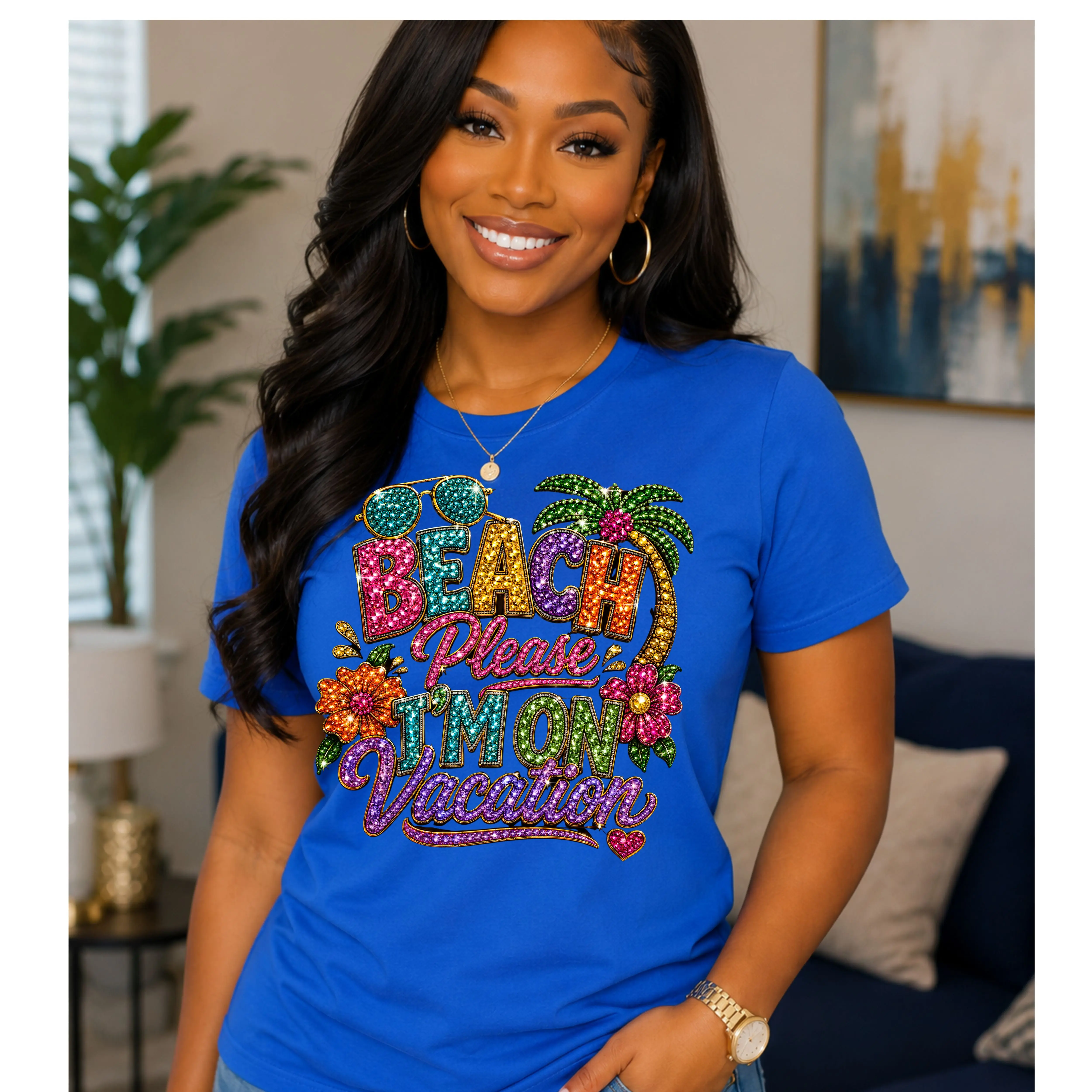 Women's Cotton Short-Sleeve Round Neck Casual T-Shirt - "Beach Please I’m On Vacation" Rhinestone Print, Colorful Glitter Bling Summer Vacation Graphic