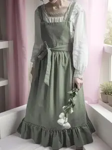 Trending Vintage Ruffle Apron Dress for Women | Cotton Linen Kitchen Apron with Pockets | Cute Overalls for Gardening Baking Painting | Green One Size