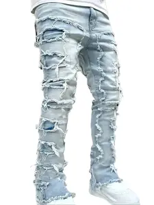 Men's Stacked Slim Fit Slit Tight Elastic Jeans (Size Medium M)