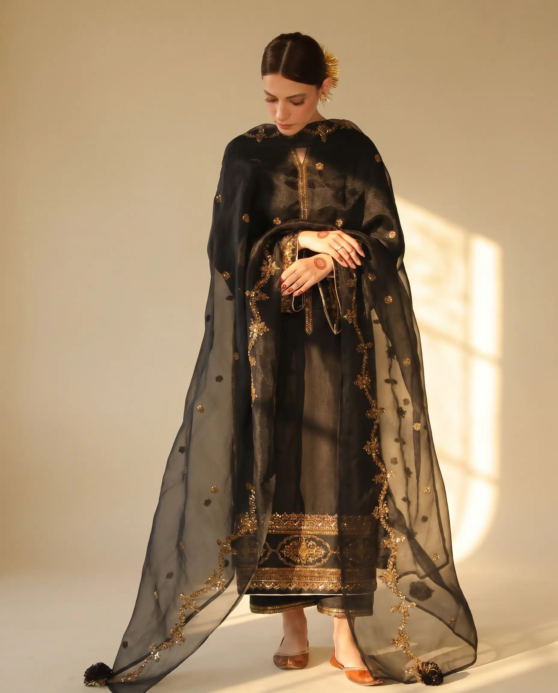 Women's Andhera 3PC Organza Dupatta, Embroidery Design, Long Sleeve Ethnic Wear for Salwar Kameez, Straight Cut, Full Sleeves, Lawn Fabric, Elegant