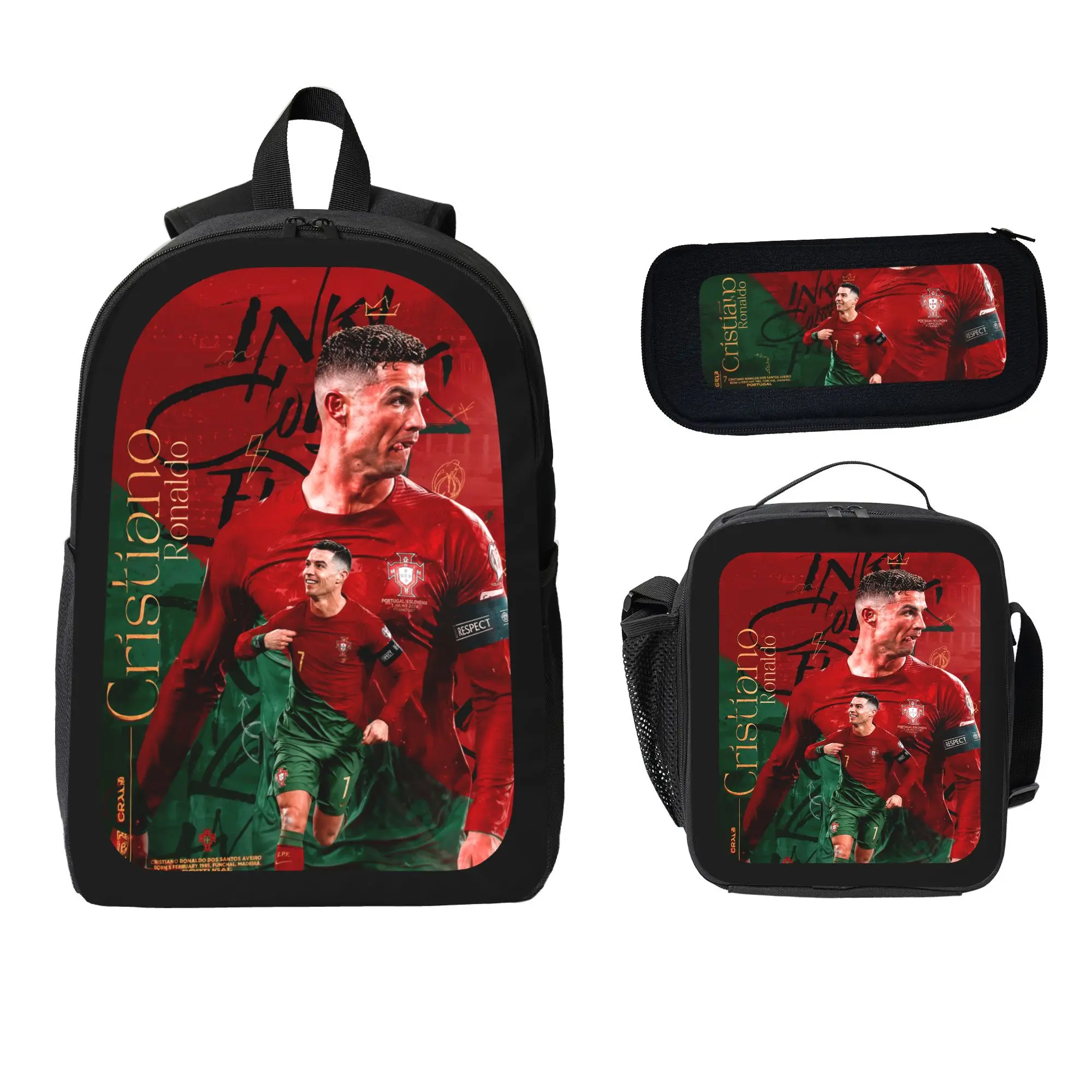 CR7 Graphic 3-Piece Oxford Cloth Soccer-Themed Backpack Set - Insulated Lunch Box, Zipper Pencil Pouch, Adjustable Lightweight Bag for 2026 Back to School Youth Football Fans, Soccer-Themed Backpacks