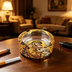 A circular glass ashtray with a non slip base and exquisite mother son art patterns, suitable for homes, offices, and lounges - both a fashionable choice for art enthusiasts and decoration enthusiasts, and a practical item