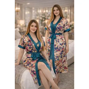 Premium Ivory Teal Floral Digital Print 2-Piece Nightgown Set with Inner Slip & Belted Robe – Free Size Luxury Women Sleepwear (USA)