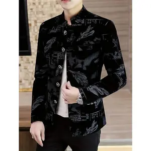 Men'S Elegant Velvet Blazer With Geometric Pattern Black Golden Accent Jacket For Spring/Fall Button-Up Front Long Sleeve Polyester Material Sophisticated Style For Business Or Formal Occasions Menswear Suits Wetsuit