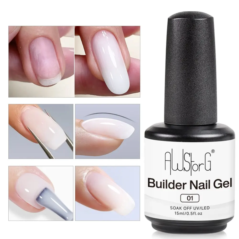 AWStorG 15ml Quick Builder Nail Gel Milky White Extension Nail Polish Self-Leveling Strengthener Gel Multi-Functional Nail Art UV  Varnish Gel Shine Finish Soak Off Gel