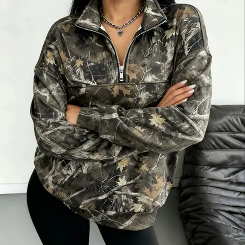 Women's Street Vintage Camo Print Zipper Hoodie, Reunion School Clothing, Graduation, Teacher, Casual Fall Fashion, Camouflage