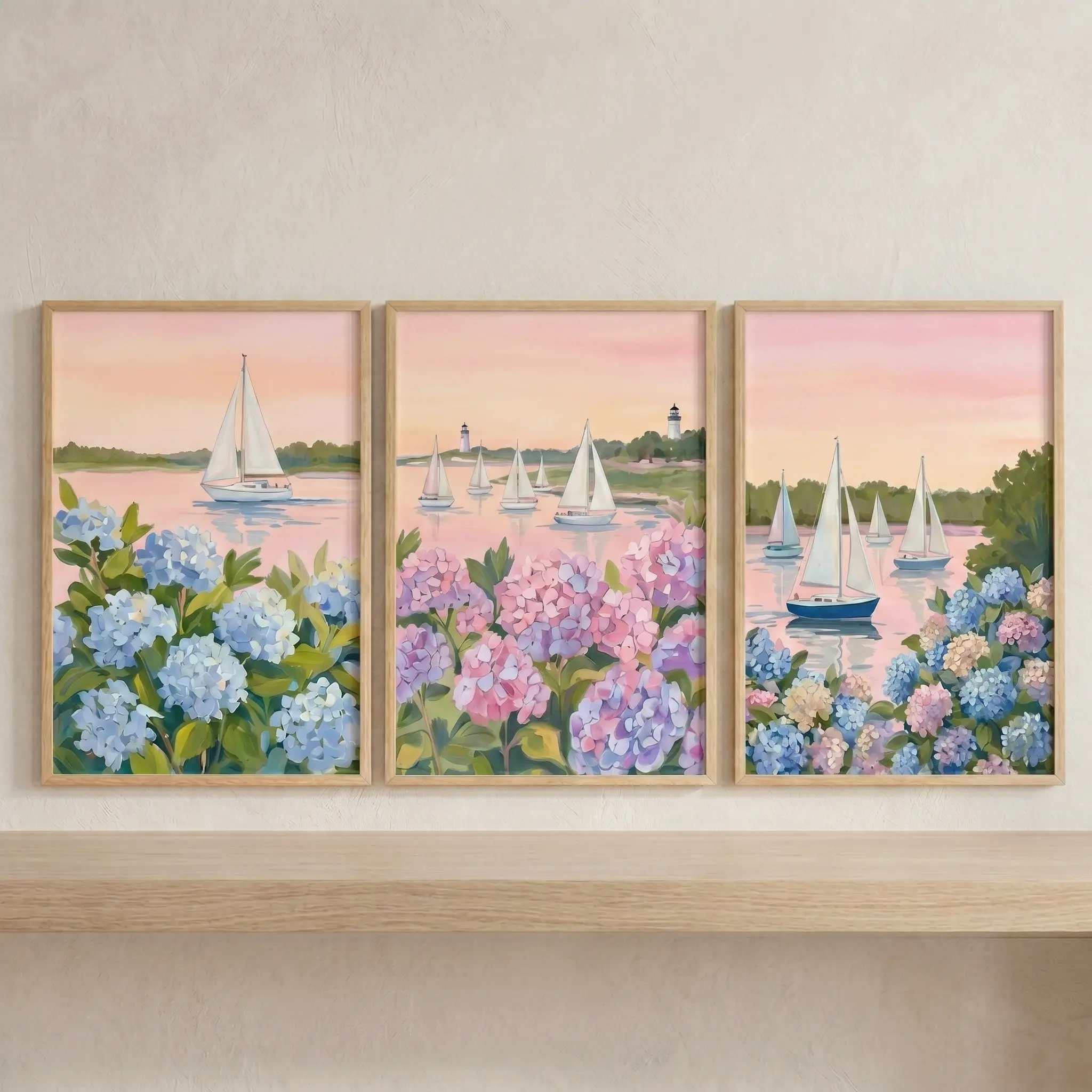 Coastal Sailboat & Hydrangea Floral Set Of 3 Posters, Preppy Room Pastel Beach Unframed Home Decor Prints