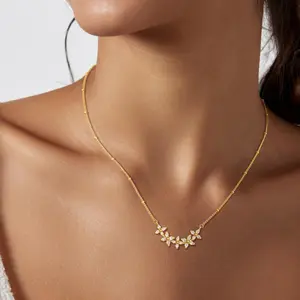 TEWIKY Greenish Spring Jewelry Golden Four-Leaf Clover Zircon Flower Cuba Satellite Chain Necklace for Women Dainty Simple Gem Elegant Hypoallergenic Jewelry Party Daily Wear For Valentine's Day gifts