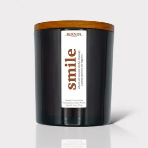 Burn.in Candle Co. Smile Candle - 9 oz. Coconut Wax with Wooden Wick - Hand poured & Microbatched - For Burnout Relief - Gift - 65+ Hour Burn