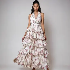 Women's Dress Sexy V-neck Strap Multi-layer Printed Dress