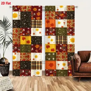 2D Flat 2 Piece Fall Plaid Quilted Curtains, Colorful Patchwork Maple Leaves & Floral Pattern Window Drapes, Red Orange Yellow Green Brown Grid Design, Cozy Thanksgiving Autumn Themed Textile for Living Room Bedroom