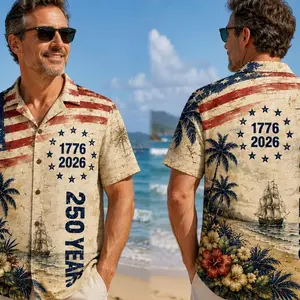 1776 2026 Years Hawaiian Shirt, America 250th Anniversary Shirt, Patriotic Beach Button Up, USA Flag Tropical Shirt, Independence Day Gift