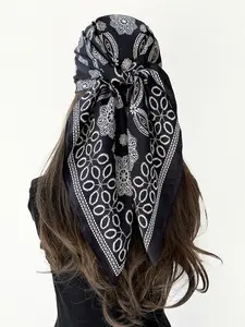 2026 New 90cm Silk Scarf, Retro Artistic Faux Satin Large Shawl, High-Quality Spring Summer Wrap, Casual Style, Boho Style Scarf, Versatile Use, All Seasons