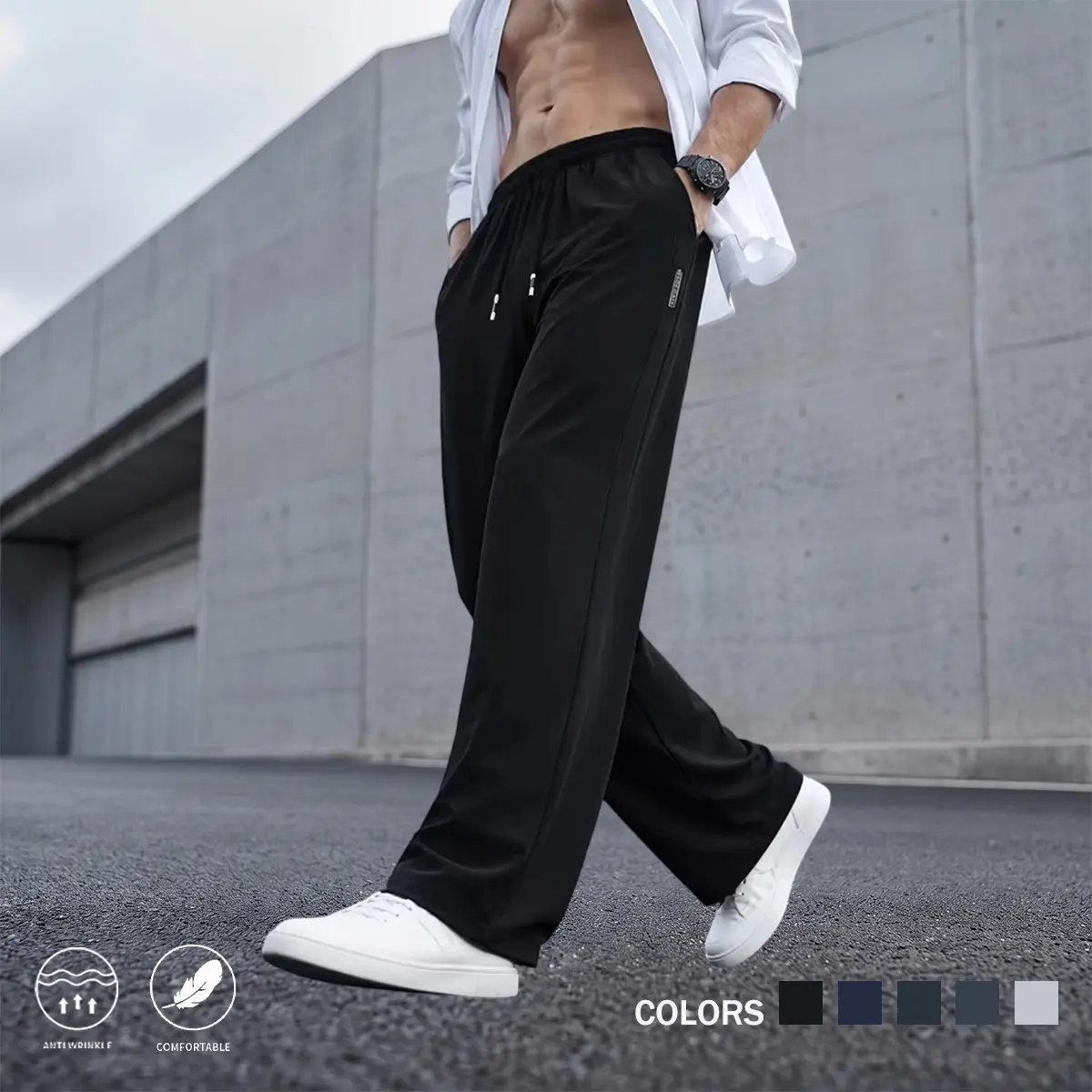 Men's quick-dry slim-fit pants, tapered leg with elastic waist – for running, gym, or travel – 95% polyester5%spandex, breathable & lightweight – stay agile, comfy, and sharp.