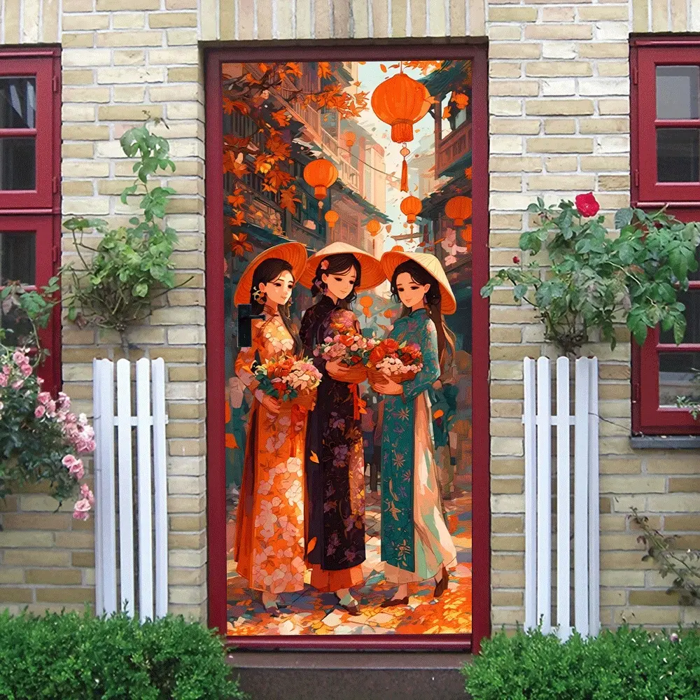 2pcs Chinese Traditional Style Wall Stickers Vintage Oriental Street View with Cheongsam Girls and Red Lanterns Removable PVC Decorative Decals for Living Room Bedroom Door Decoration Home Art Mural De