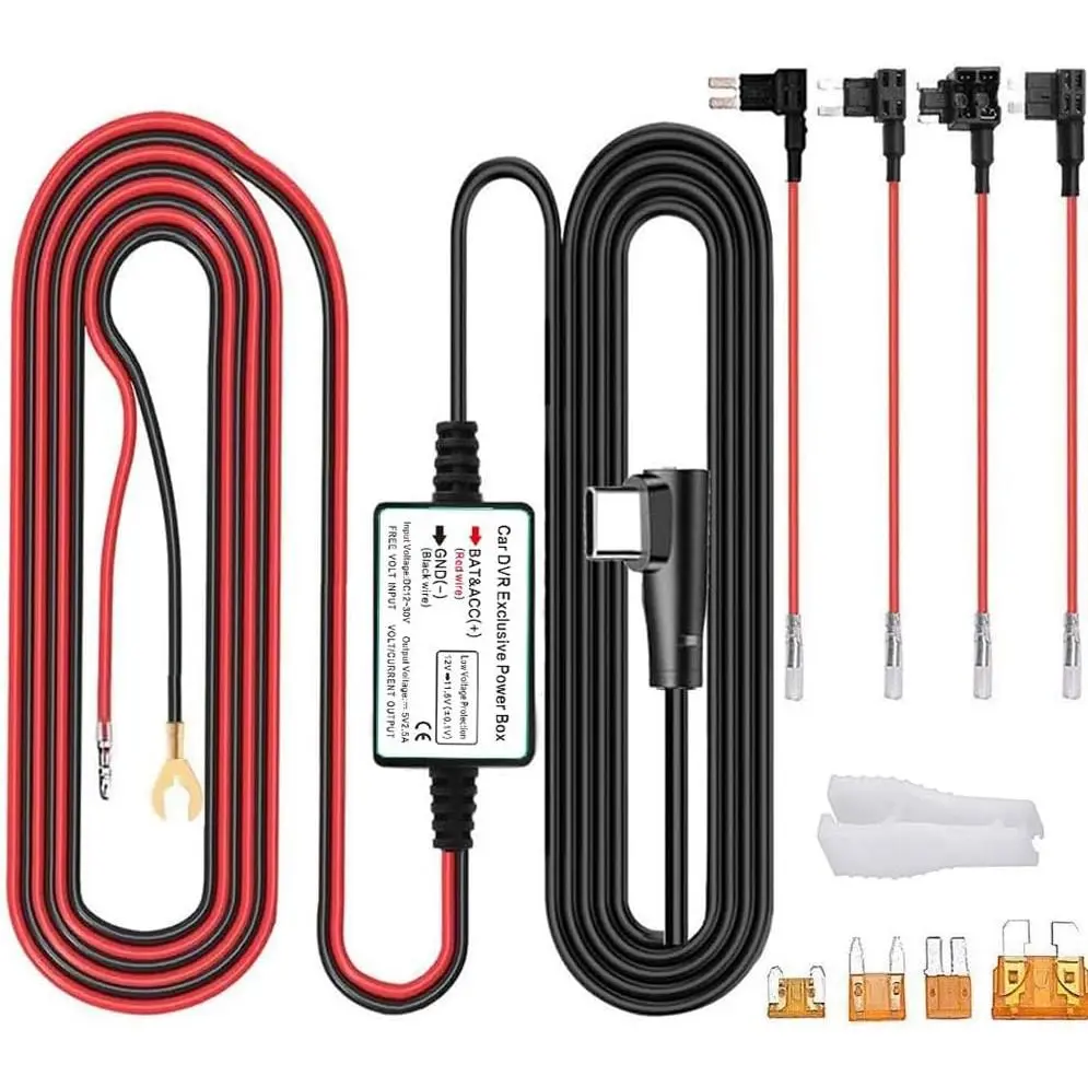 Dash Cam Hardwire Kit, Type C USB Hard Wire Kit 12V-24V to 5V Hardwire Kit with Low Voltage Protection 13ft/320cm Car Dash Camera Charger Power Cord for Dashcam Supply Radar Detectors