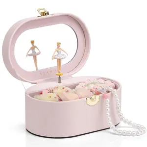 VLANDO Musical Jewelry Box for Girls, Ballerina Music Box with Mirror & Handle, Pink Kids Jewelry Box Birthday Gift for Girls Ages 4-12 Lockable Storage Boxes Organiser