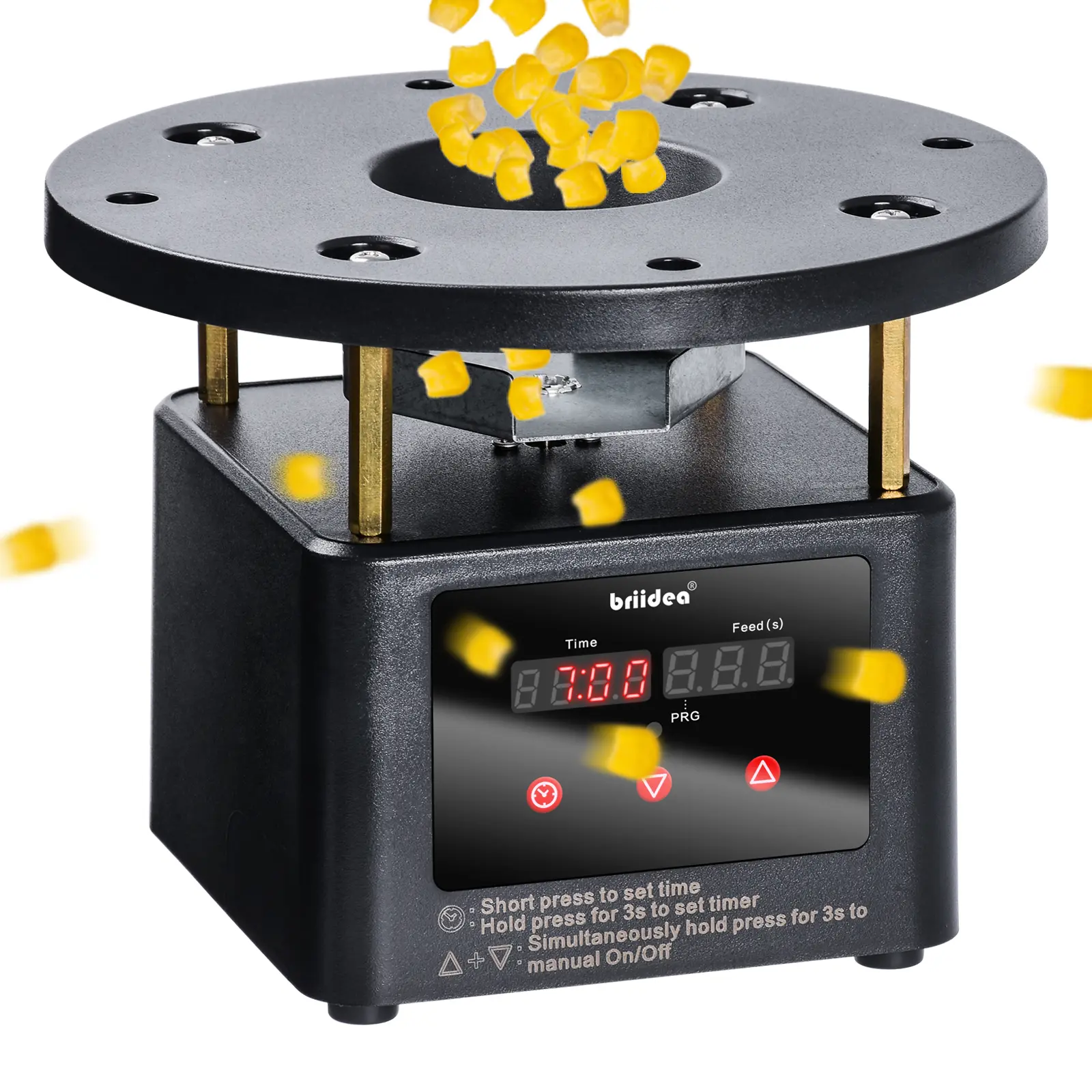 Briidea Smart Automatic Poultry Feeder Dispenser Timer Kit - Galvanized Steel Spin Plate, Adjustable Mount Studs, Weatherproof Motor, LED Screen, Dry Food Compatible for Chickens