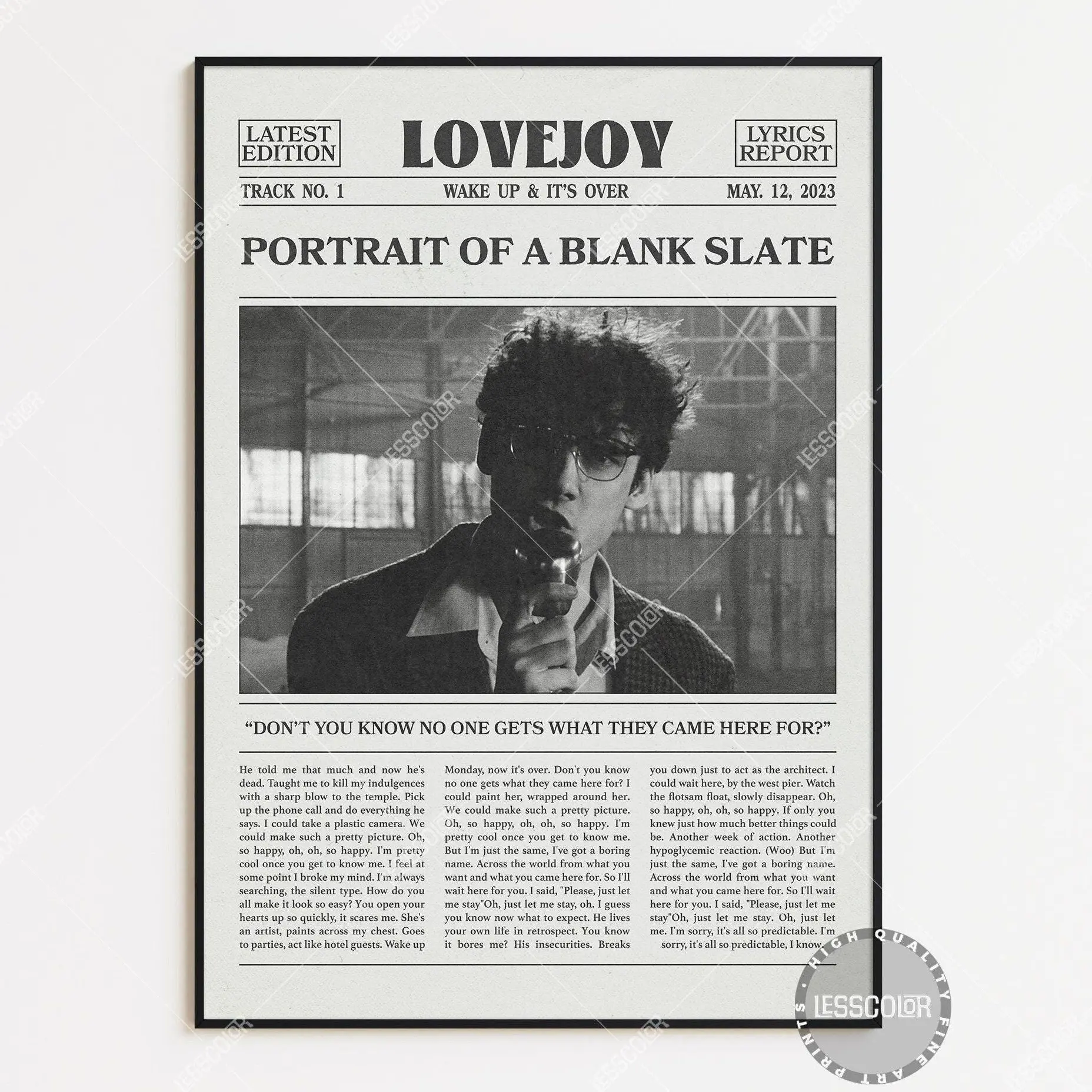 Lovejoy Retro Newspaper Print, Portrait of a Blank Slate Poster No Frame, Portrait of a Blank Slate Lyric Print, Lovejoy Poster, Poster