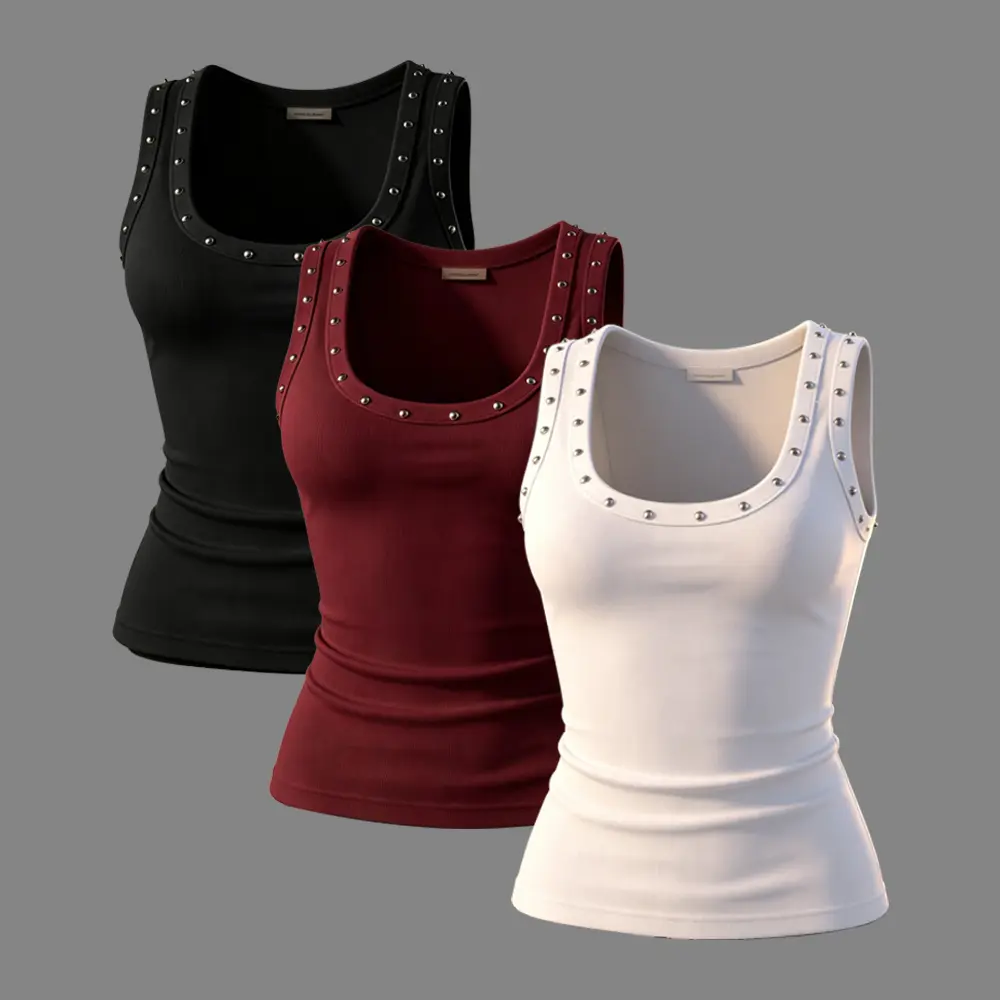 Viral Y2K Rivet U-Collar Ribbed Tank Top | Stretchy Slimming Sleeveless Layering Cami Tops