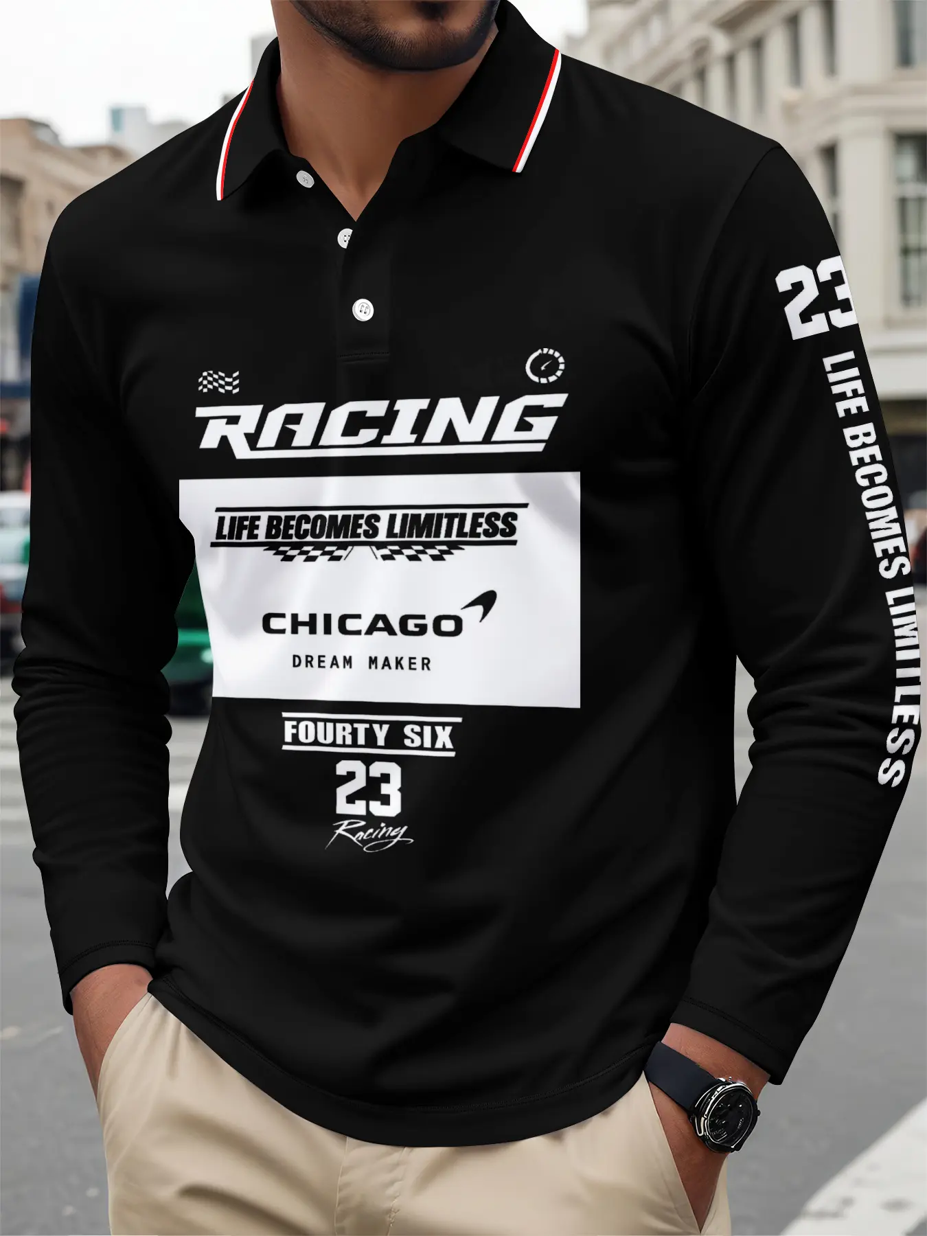 Men's Racing Chicago Art Print Long Sleeve Polo Shirt, Breathable Comfort Fit Casual Fashion Top, Spring & Fall Wear