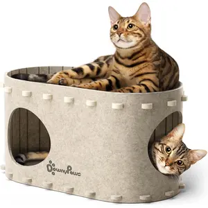 House for Indoor Cats,  Bed Cave for Multiple & Large Cats Up to 22 Lbs, Scratch Resistant, Foldable Peekaboo Kitten Caves Tunnel Enclosed Bed, PeekaPurr, Cream