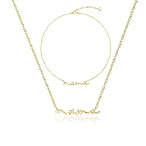 TEWIKY 14K Gold-Plated Double-Layer Necklace with Lowercase Cursive 'mama' Chain & Bracelet Perfect Valentine’s Day Gift for Various Occasions