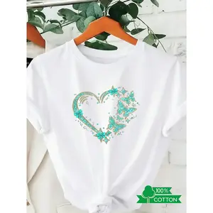 Women's crew neck T-shirt with trendy letter and anime prints, featuring minimalist design. cotton graphic tees, ideal for daily casual matching, presenting a natural and elegant style. A must-have for summer parties, decorated with heart-shaped bo