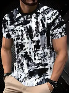 Men's Casual Streetwear Geometric Pattern Polyester Short Sleeve T-Shirt, Breathable Knit Fabric, Fitted Long Tee for All Seasons