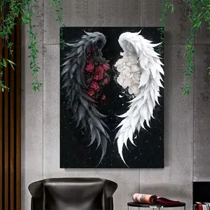 1pc Framed Canvas Posters, Black and White Angel Wings Canvas Colored Feather Wings Poster Living Room Background Wall Art Picture Home Decor, Frameless Art Canvas Painting (Flat)