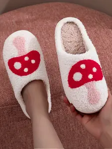 Cute Mushroom Embroidered Plush Slippers, Soft Textile Indoor Outdoor Warm Shoes, Fall Winter Casual Home Footwear Gift