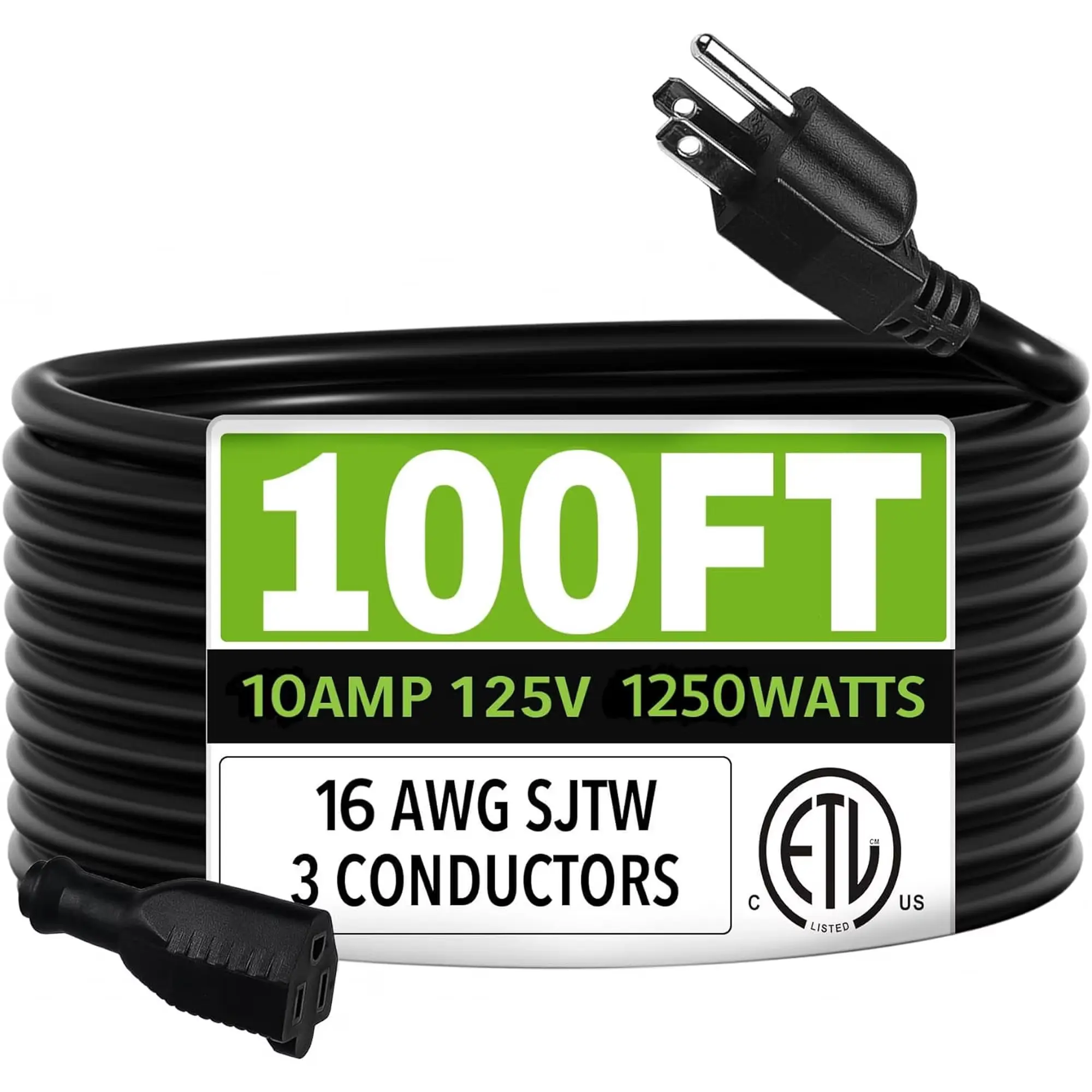 100 Ft Outdoor Extension Cord 16/3 SJTW 3 Prong Weather Resistant Black