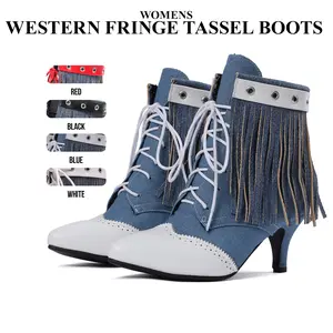 Womens Fashion Lace Up Ankle Booties Pointed Toe Western Fringe Tassel Details Kitten Heel Boots Vintage Rose Designed Comfort Denim Boot for Parties Musical Festivals Spring Boots Deals For You Days