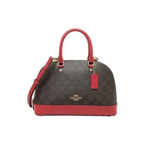 COACH Sierra 26 Classic Monogram Canvas and Leather Shell Handbag for Women, Large Size, Dark Brown with Red