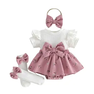 Imcute Newborn Infant Baby Girls Summer Romper Dress Outfits Set Ripped Short Sleeve Skirt Romper Long Socks Headband Set Clothes