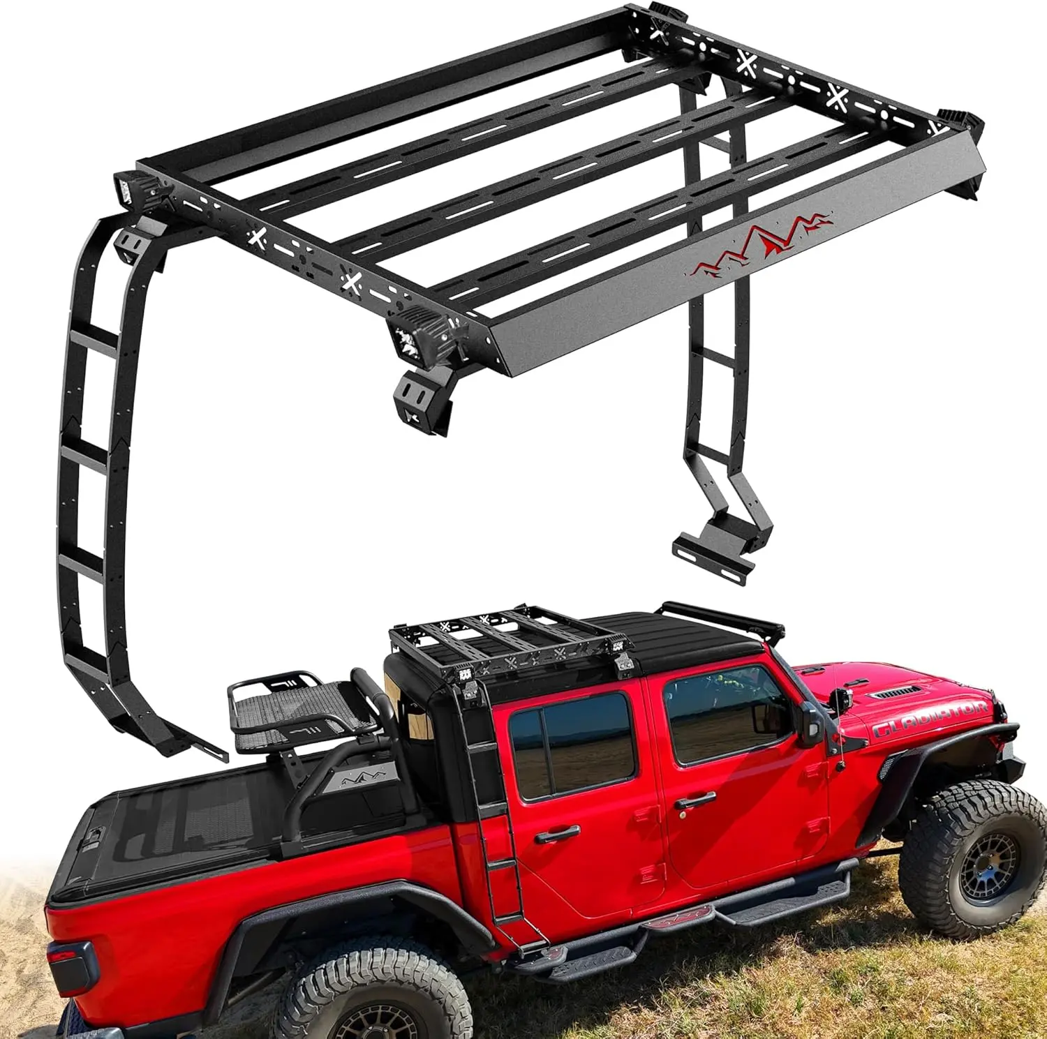 MONOKING Automotive Car Roof Rack Cargo Basket - Carbon Steel Auto Accessory for 2020-2026 Gladiator JT 4-Door Hardtop, 400 lb Capacity, Ladder, LED Lights, Car Accessory