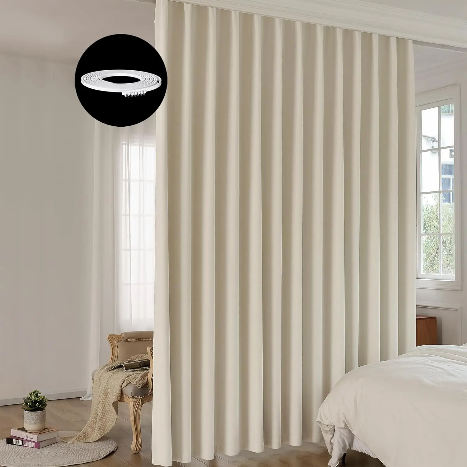 Room Divider Curtain Sets with Bendable Ceiling Track, 95% Blackout Total Privacy Ceiling Track Curtains Floor to Curtains Track Kits 8.3 ft Wide x 7 ft Tall, Cream Beige, 1 Panel