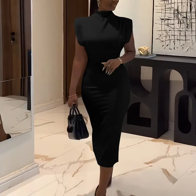USBOUTIQUE CHIC Women's Breathable Fabric Stretchy Mock Neck Cap Sleeve Curvy-Friendly Bodycon Midi Dress, Casual Everyday Wear