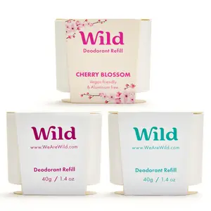 Wild Aluminum Free Refillable Deodorant Variety Pack for Men & Women - 98% Natural Ingredients - Includes Fresh Cotton & Sea Salt, Cherry Blossom, Coconut & Vanilla Scents - Long Lasting Protection