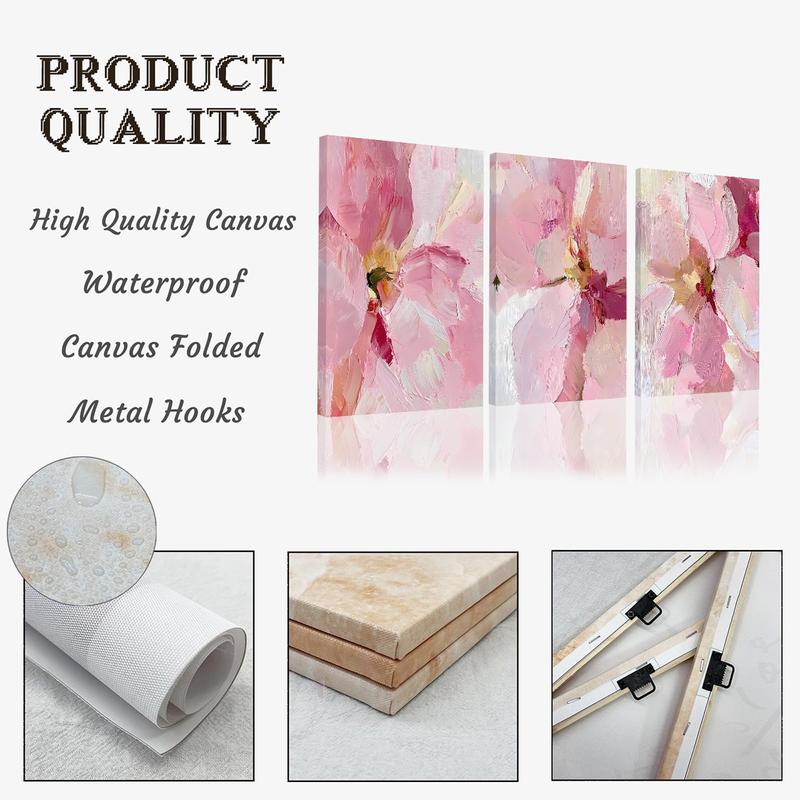 3 Counts Wood Framed 2D Blush Floral Canvas Poster, Abstract Pink Flower Wall Art, Wooden Wall Art, Ready To Hang, Peony Art Wall Decor, Artwork Wall Painting For Gift, Wall Picture for Living Room, Bedroom