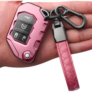 Compatible with Jeep Wrangler JL JLU Rubicon Wagoneer Gladiator JT Sahara JLU Key Fob Cover With Leather Keychain Soft TPU Protection Key Case for 2018-2026 Remote Key (Pink)