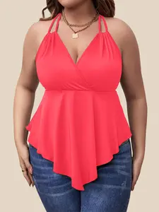 【Plus Size】 Solid Color Halter Top, Casual Fashion Sleeveless Top for Daily Outdoor Wear, Women Plus Clothing for Summer