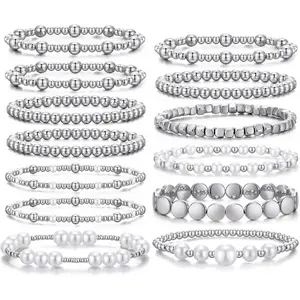 Silver Bracelets for Women Silver Bracelet Stack Pearl Beaded Bracelets for Women Strand Bead Ball Stretchable Elastic Bracelet Set Adjustable Fashion Accessories Jewelry for Gifts-USA